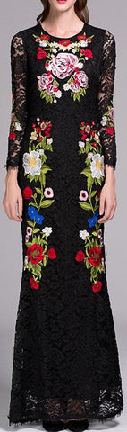 Long Black Floral Embroidered Lace Dress - DESIGNER INSPIRED FASHIONS