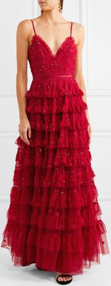 'Marie' Tiered Embellished Tulle Gown, Red | DESIGNER INSPIRED FASHIONS