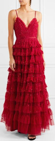 'Marie' Tiered Embellished Tulle Gown, Red | DESIGNER INSPIRED FASHIONS