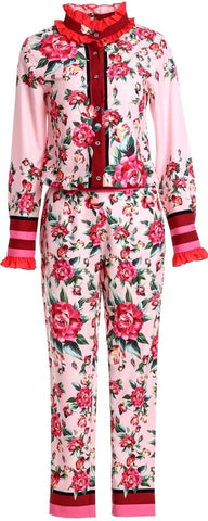 Floral Print Ruffle-Trim Blouse and Cropped Pant Set