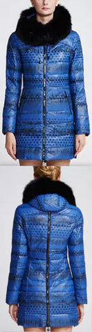 Printed Paneled Puffer Coat, Blue
