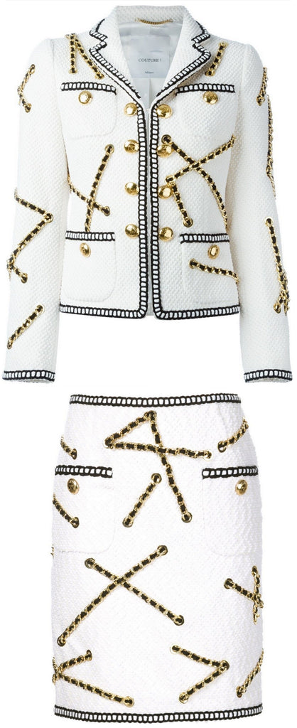 Chain Embellished Jacket & Skirt Set, White