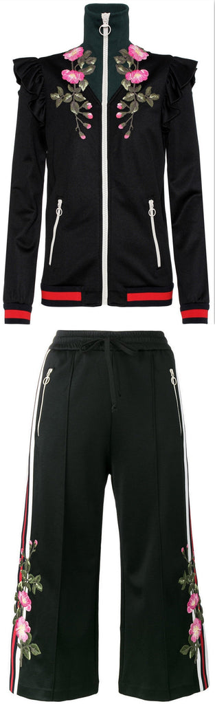 Embroidered Technical Jersey Jacket and Embroidered Wide Leg Jogging Pants, Black
