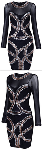 Black Crystal/Bead-Embellished Sheer-Paneled Mini Dress