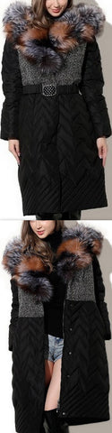 Full Fox-Fur-Collar Quilted Coat