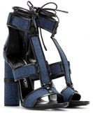 Patchwork Denim & Leather Cage Sandals in Blue - DESIGNER INSPIRED FASHIONS
