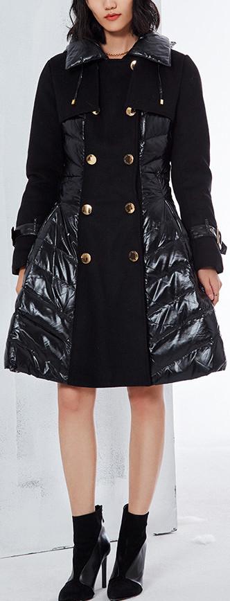 Black Flared Double-Breasted Puffer Coat