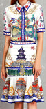 Japanese Print Short-Sleeve Shirt and Flared Skirt Set