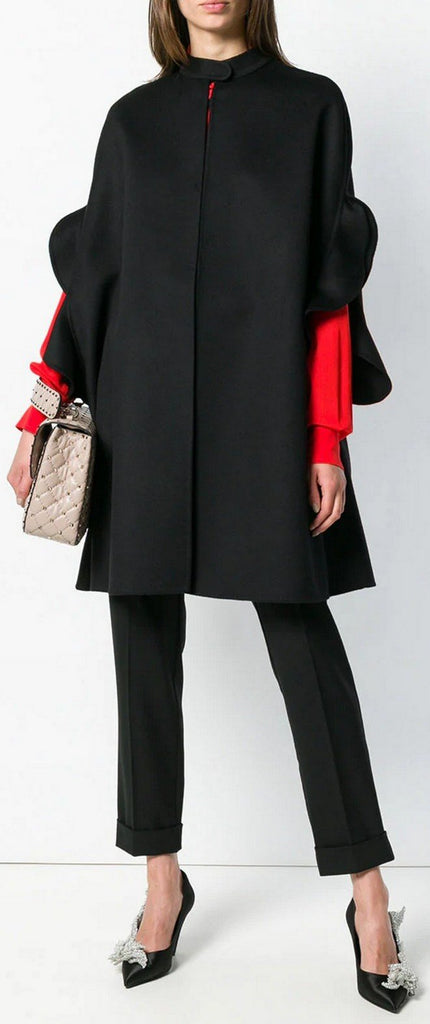Ruffled Brushed Wool and Cashmere-Blend Cape, Black