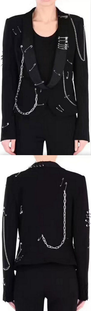 Safety Pin and Chain Embellished Blazer