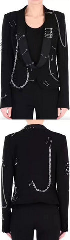 Safety Pin and Chain Embellished Blazer