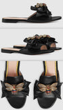 Leather Slide with Bow-Black