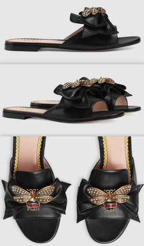 Leather Slide with Bow-Black