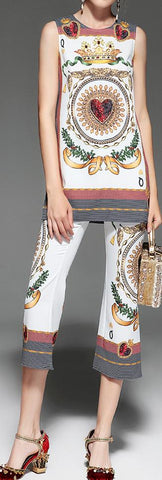Embellished Printed Tank Top & Cropped Pant Set