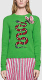 Butterfly-Embroidered Snake Intarsia Knit Sweater in Green - DESIGNER INSPIRED FASHIONS