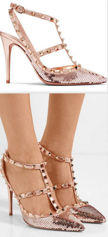 Rockstud Sequined Metallic Leather Pumps