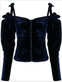 Buttoned Velvet Cold-Shoulder Blouse
