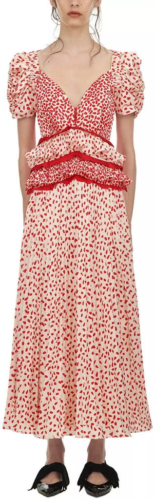 Cream and Red Dot Satin Printed Dress