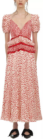 Cream and Red Dot Satin Printed Dress