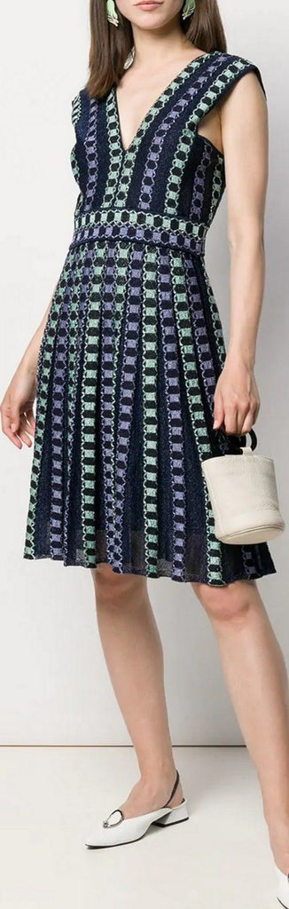 Knit V-Neck Pleated Mini Dress, Dark Blue