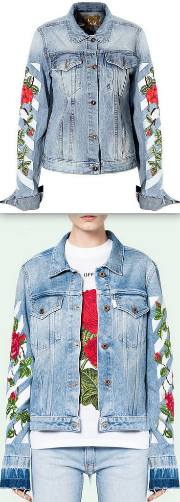 Stripe and Rose Print Denim Jacket