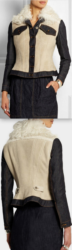 White Denim-Paneled Shearling Jacket