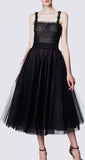 Black Layered Tulle Midi Dress