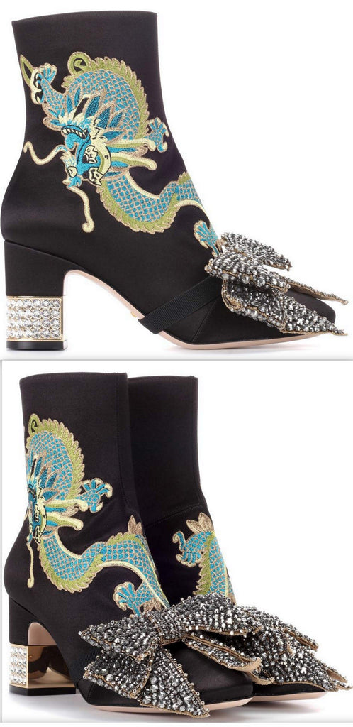 Dragon Satin Mid-Heel Ankle-Boot, Black
