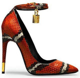 Padlock & Key Embellished King Coral Snake or Black with White Snake Leather Pumps - DESIGNER INSPIRED FASHIONS