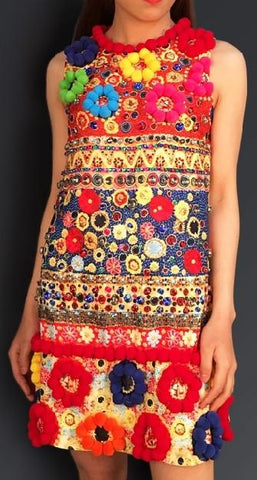 'Carretto' Embroidered Multicolored Shift Dress - DESIGNER INSPIRED FASHIONS