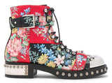 Floral Leather Studded Combat Boots