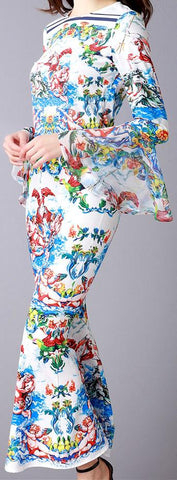 Printed Flared-Sleeve Top and Pant Set