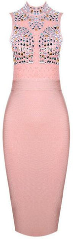 Rhinestone-Bead-Embellished Stretchy Mini Dress, Pink