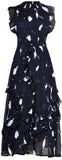 Ruffled Print Midi Dress, Dark Blue