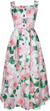 Flower-Button-Appliques Printed Midi Dress