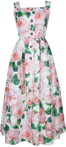 Flower-Button-Appliques Printed Midi Dress