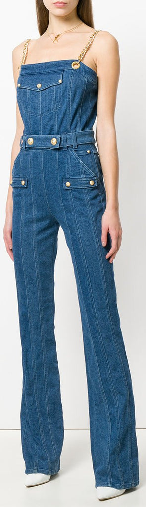 Denim Jumpsuit with Chain Straps and Gold Lion Head Button Detail