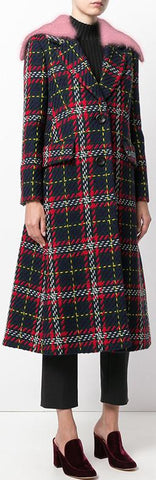 Contrast Fur-Trim Plaid Coat