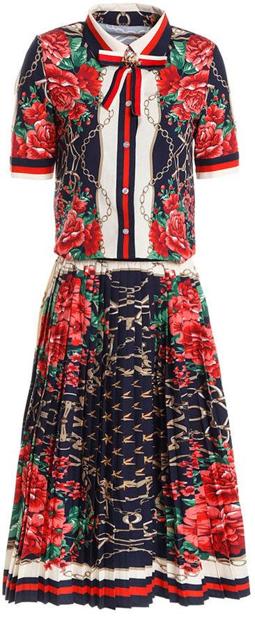 Printed Web-Trim Short-Sleeve Shirt with Printed Pleated Midi Skirt