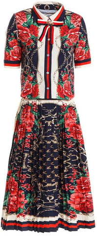 Printed Web-Trim Short-Sleeve Shirt with Printed Pleated Midi Skirt