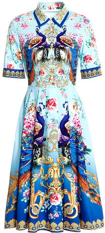 Peacock-Print Short-Sleeve Shirt-Dress