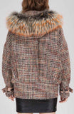 Printed-Pocket Fur-Hooded Short Tweed Coat