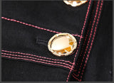 'Luggage' Stitch Denim Double-Breasted Military Style Trench Coat & Matching 'Luggage' Stitch Flare Jeans in Black - DESIGNER INSPIRED FASHIONS