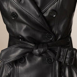 Black Genuine Leather Double-Breasted Trench Coat - DESIGNER INSPIRED FASHIONS