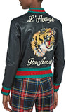 Contrast-Stripe Embroidered Leather Bomber Jacket - DESIGNER INSPIRED FASHIONS