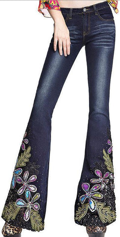 Embellished Floral Faded Flared Jeans in Dark or Light Blue Wash - DESIGNER INSPIRED FASHIONS