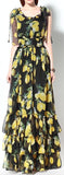 Lemon Print Tiered Long Maxi Dress in Black - DESIGNER INSPIRED FASHIONS