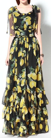 Lemon Print Tiered Long Maxi Dress in Black - DESIGNER INSPIRED FASHIONS
