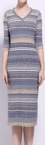 Stripe Knit V-Neck Midi Dress