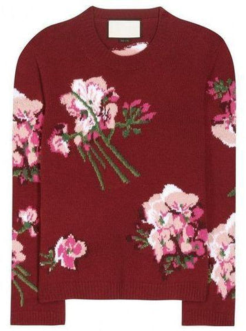 Floral Knit Sweater in Dark Red